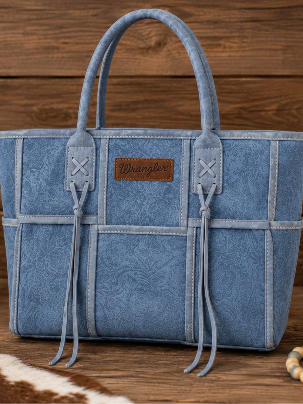 Wrangler Tooled Woven Grid Tote Bag Crossbody-Jean Blue NWT